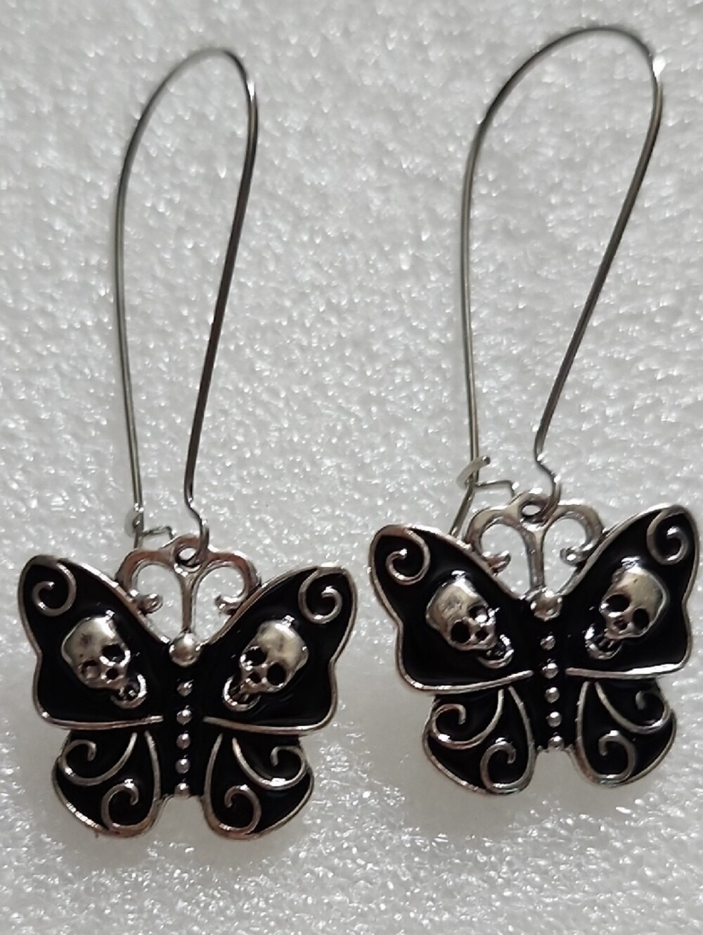 Hand Crafted Black and Silver Skull Butterfly Drop Earrings